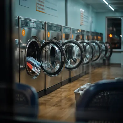Modern Laundromat With Colorful Clothes at Night