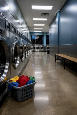 Colorful Clothes in Quiet Laundromat Aisle