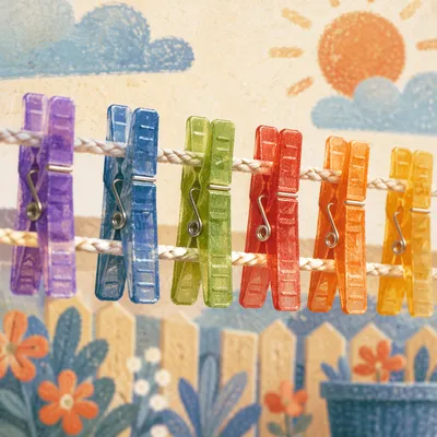 Colorful Clothespins on Sunny Backyard Clothesline