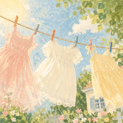 Sunlit Backyard Clothesline with Pastel Summer Dresses