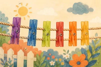 Colorful Clothespins on Sunny Backyard Clothesline