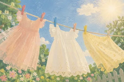 Sunlit Backyard Clothesline with Pastel Summer Dresses