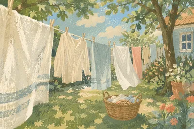 Sunny Backyard Clothesline Laundry Scene