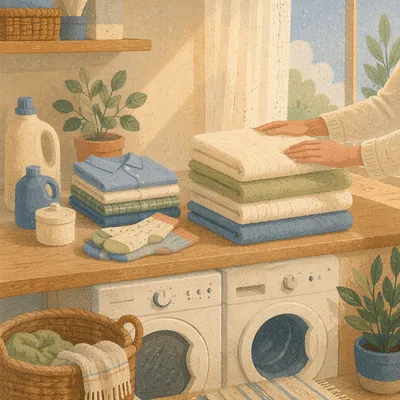 Bright Laundry Room with Folded Clothes