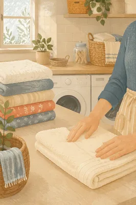 Clean Folded Clothes in Bright Laundry Room