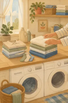 Bright Laundry Room with Folded Clothes