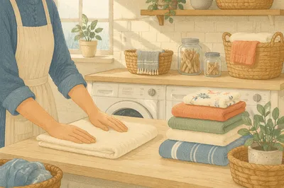 Clean Folded Clothes in Bright Laundry Room