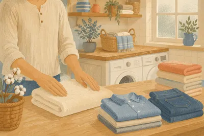 Sunlit Laundry Room with Folded Clothes