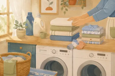 Bright Laundry Room with Folded Clothes