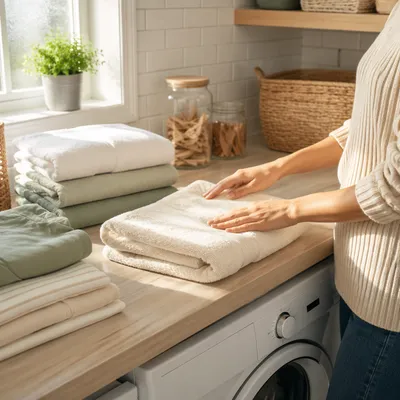 Clean Folded Clothes in Bright Laundry Room