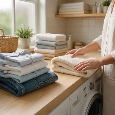 Sunlit Laundry Room with Folded Clothes