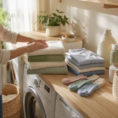 Bright Laundry Room with Folded Clothes