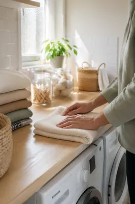 Clean Folded Clothes in Bright Laundry Room