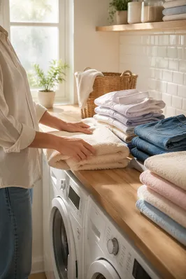 Sunlit Laundry Room with Folded Clean Clothes