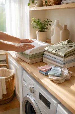Bright Laundry Room with Folded Clothes