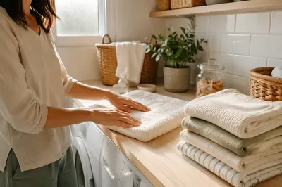 Clean Folded Clothes in Bright Laundry Room