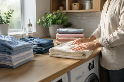 Sunlit Laundry Room with Folded Clothes