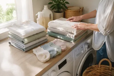 Bright Laundry Room with Folded Clothes
