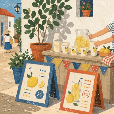 Children Lemonade Stand on Sunny Sidewalk