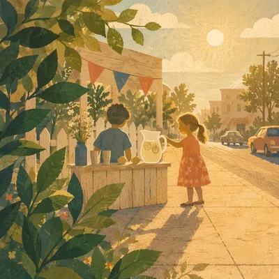 Children Running Lemonade Stand on Summer Sidewalk