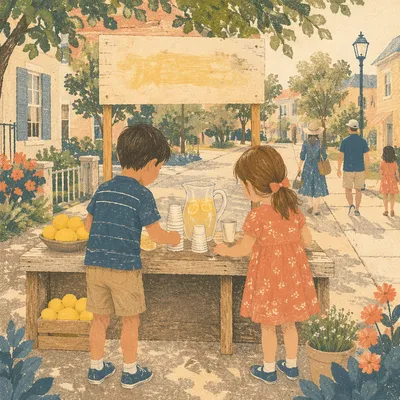 Children Running Lemonade Stand on Summer Sidewalk