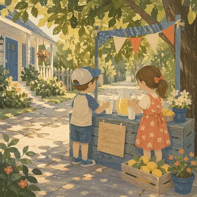 Children at Lemonade Stand Summer Sidewalk