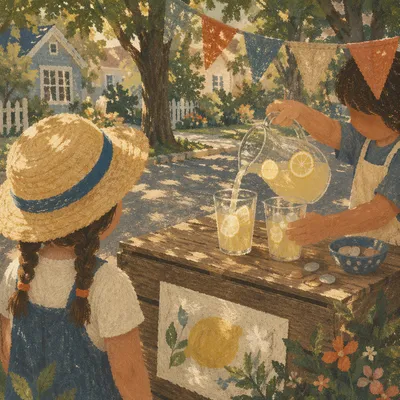 Children Running a Summer Lemonade Stand
