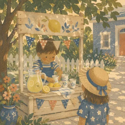 Children Lemonade Stand on Summer Sidewalk