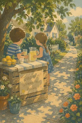 Children Running Lemonade Stand on Summer Sidewalk