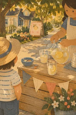 Children Running a Summer Lemonade Stand