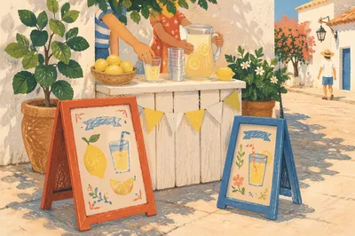 Sunny Sidewalk Lemonade Stand Summer Scene