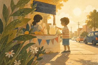 Children at Lemonade Stand in Summer