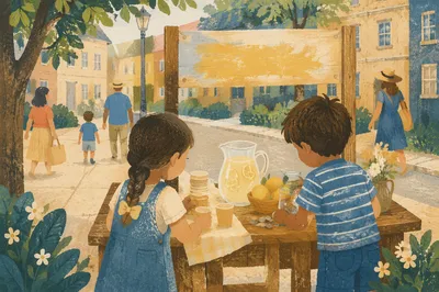 Children Running a Summer Lemonade Stand