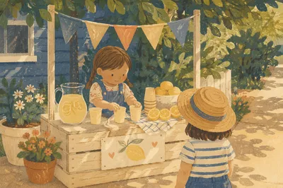 Children Lemonade Stand on Summer Sidewalk