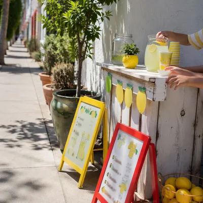 Children Lemonade Stand on Sunny Sidewalk