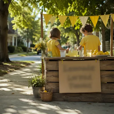Children Running Lemonade Stand on Summer Sidewalk