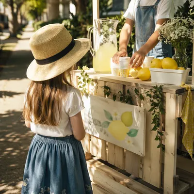 Children Lemonade Stand on Summer Sidewalk