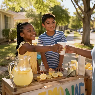 Children Running Lemonade Stand on Sunny Sidewalk