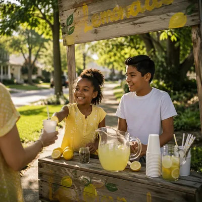 Children at Lemonade Stand on Summer Sidewalk