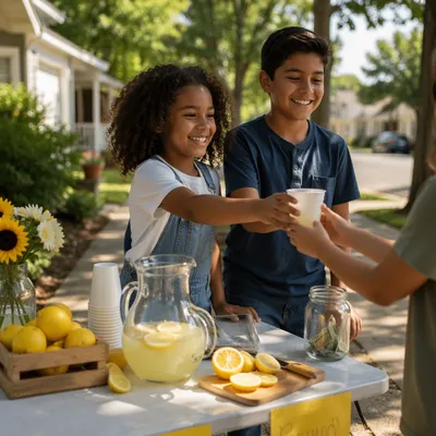 Children at Lemonade Stand on Sidewalk