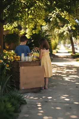 Children Running Lemonade Stand on Summer Sidewalk