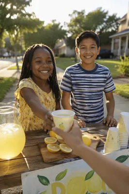 Children at Lemonade Stand on Sidewalk