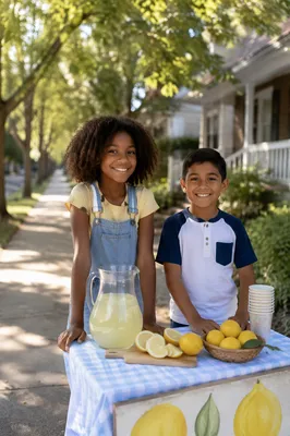 Children at Lemonade Stand on Sidewalk