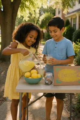 Children Running Lemonade Stand on Sidewalk
