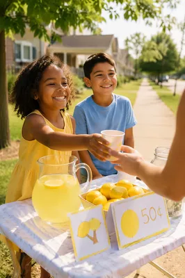 Children Running Lemonade Stand on Sidewalk