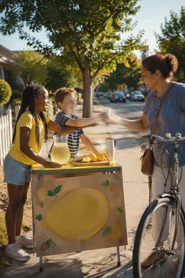 Children Selling Lemonade on Sunny Sidewalk