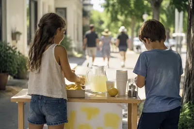 Children Running Lemonade Stand on Sidewalk