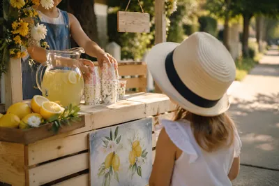 Children Lemonade Stand on Summer Sidewalk