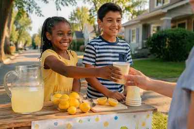 Children at Lemonade Stand on Sidewalk