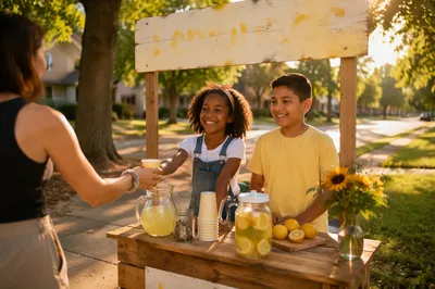Children at Lemonade Stand on Sidewalk